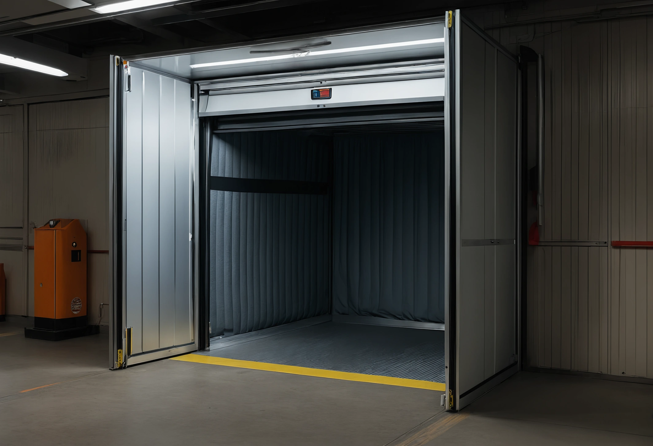 Goods lift interior lined with protective blankets and a floor protection route leading away from it