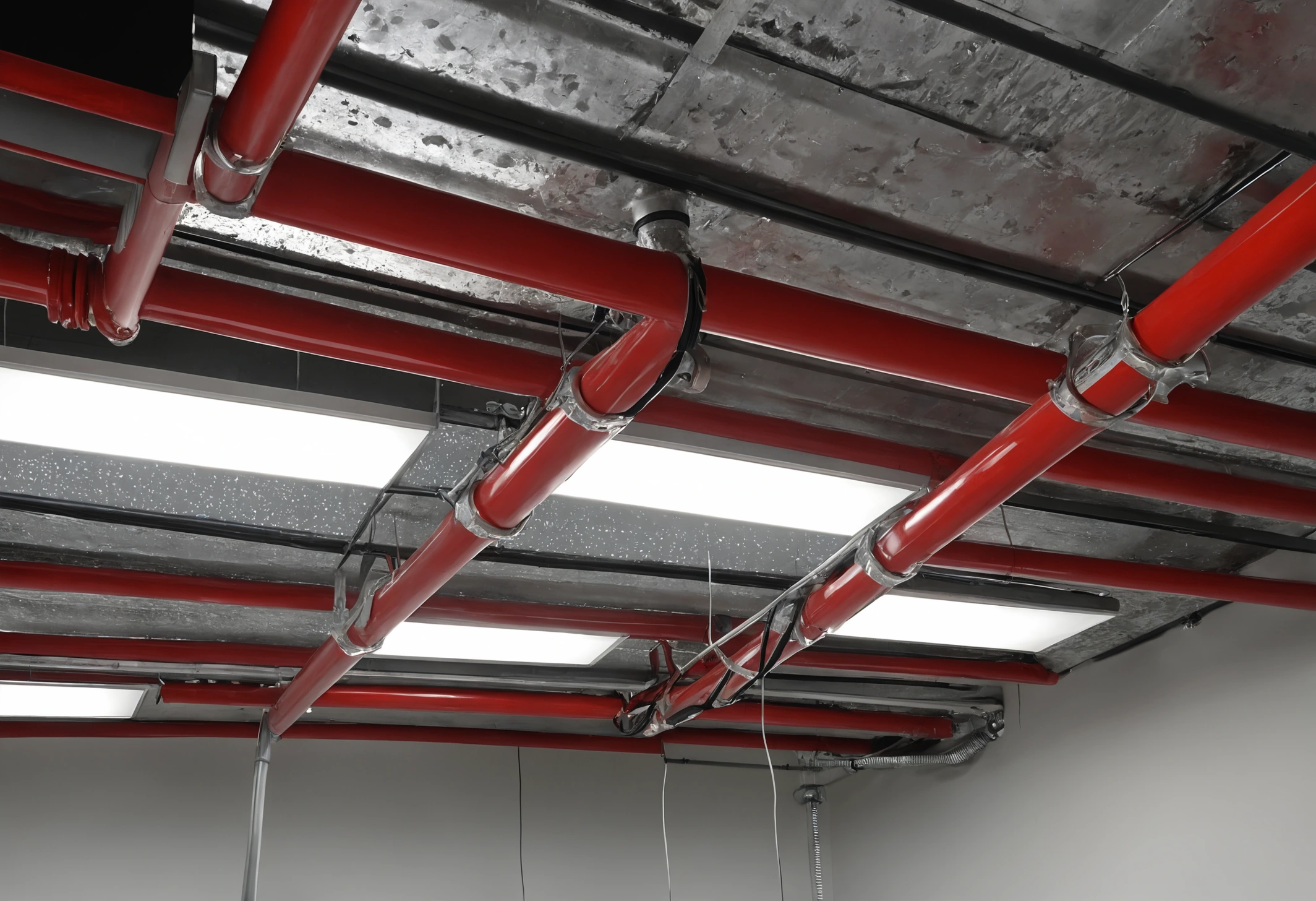 Open ceiling void showing coordinated ductwork, sprinkler pipework, cable trays and lighting positions