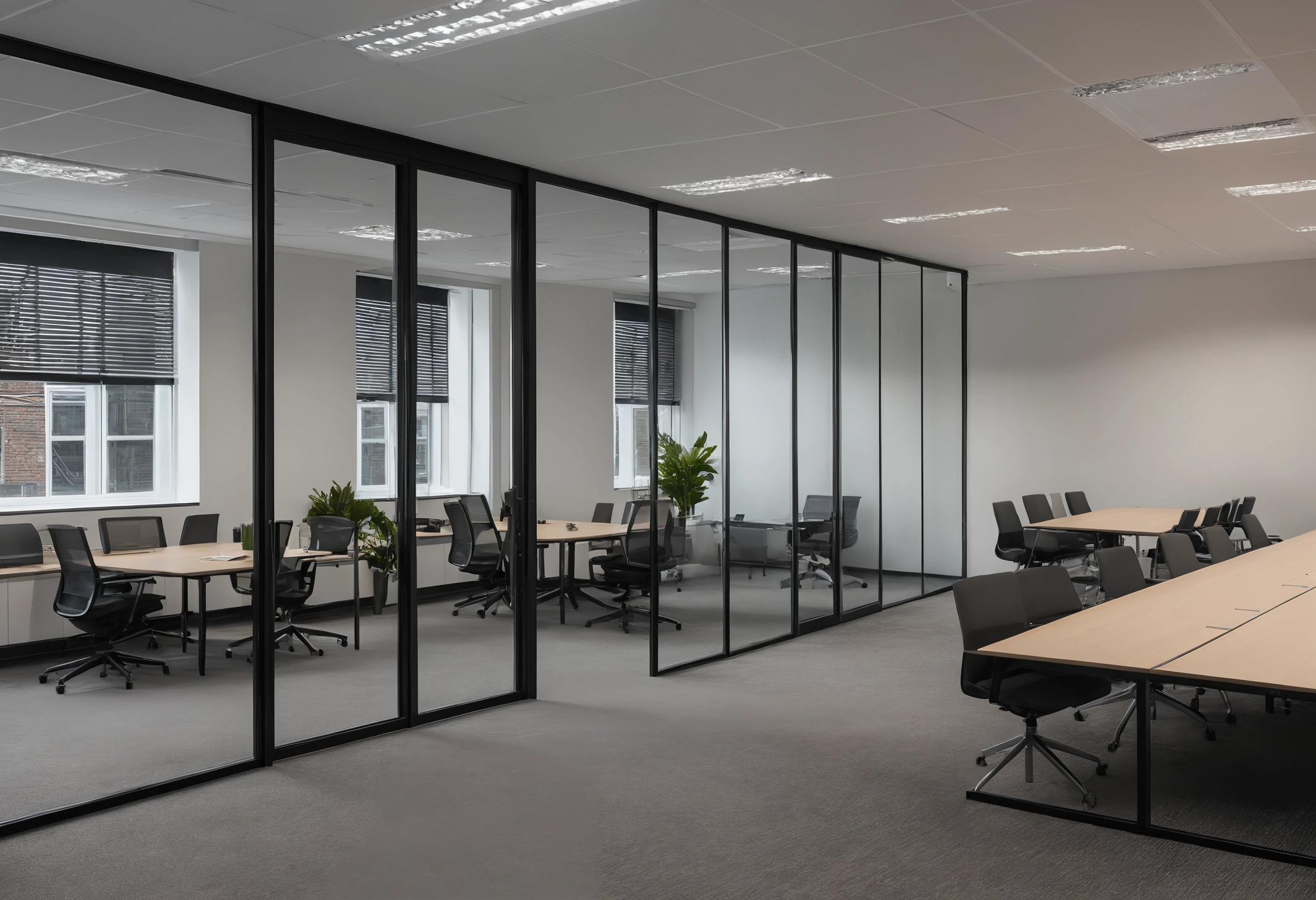 Completed office interior at handover with clean surfaces, installed lighting and no protection remaining